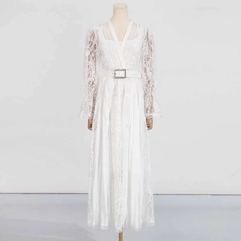 Long Sleeve Midi Dress V Neck Belted Lace Pleated Dress