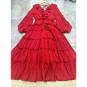 Long Sleeve Red Ruffles V-Neck Maxi Dress