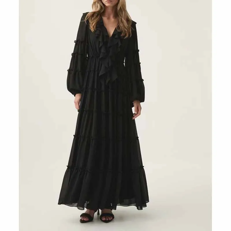 Long Sleeve Red Ruffles V-Neck Maxi Dress