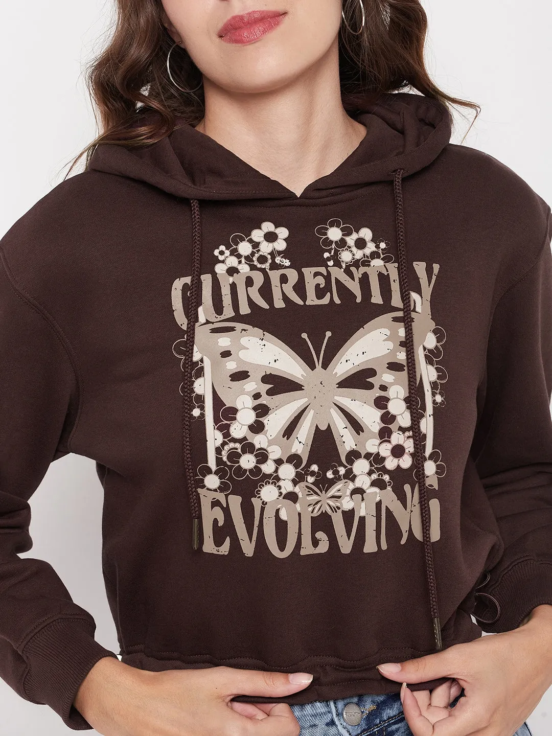 Madame Printed Coffee Brown Crop Sweatshirt