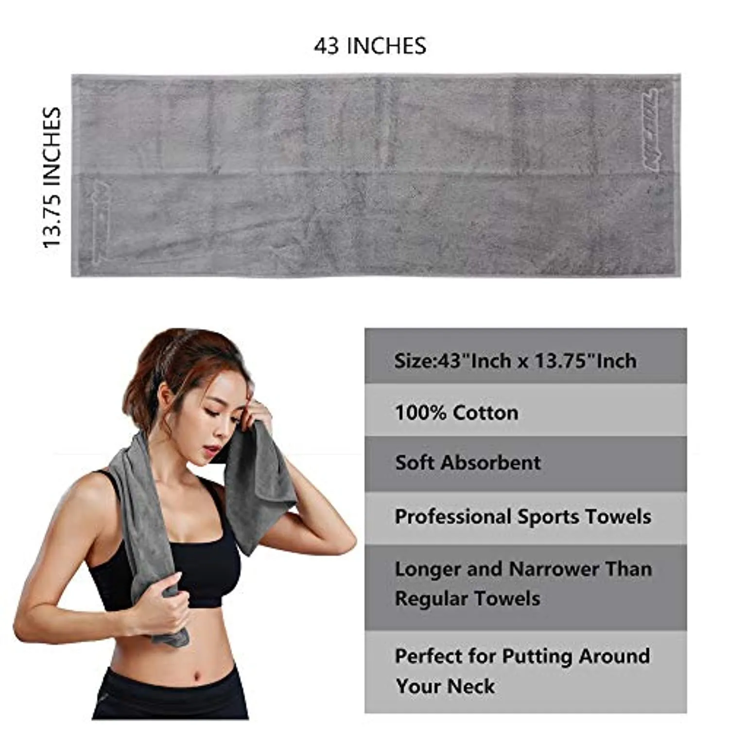 NIcool Toallas deportivas, gimnasio yoga ciclismo toallas 100% algodón suave fresco secado rápido para hombres mujeres entrenamiento, fitness, pilates, viajes, camping, playa 43 x 13.75 pulgadas