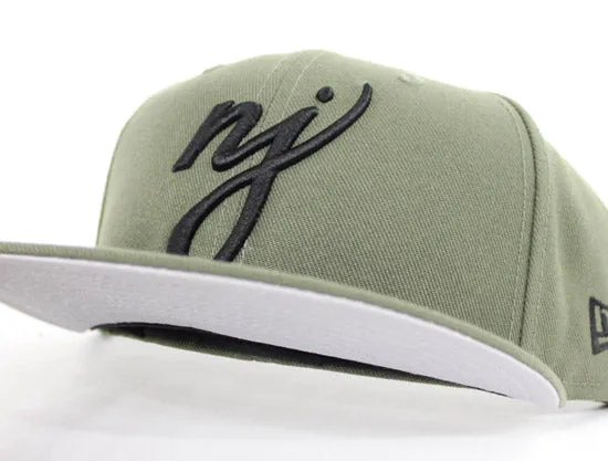 NJ Script New Era 59Fifty Fitted Hats (Olive Black Gray Under Brim)