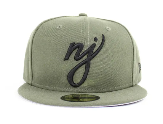 NJ Script New Era 59Fifty Fitted Hats (Olive Black Gray Under Brim)
