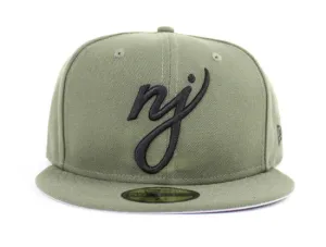 NJ Script New Era 59Fifty Fitted Hats (Olive Black Gray Under Brim)