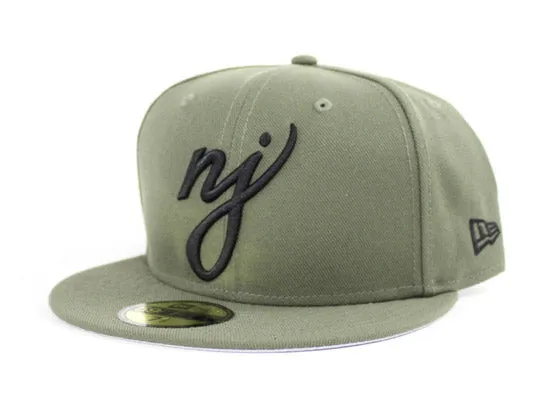NJ Script New Era 59Fifty Fitted Hats (Olive Black Gray Under Brim)