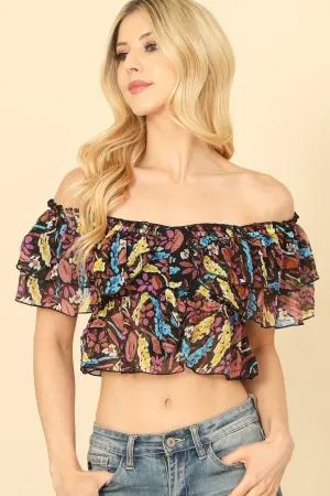 OFF SHOULDER RUFFLE DETAIL PRINTED CROP TOP