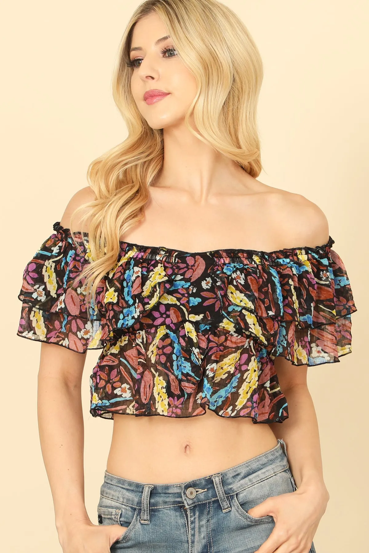 OFF SHOULDER RUFFLE DETAIL PRINTED CROP TOP