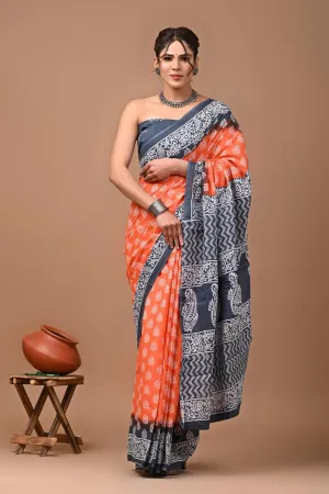Orange Bagru Block Print Saree