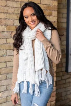 Panache Handmade cream loom woven long scarf with fringe