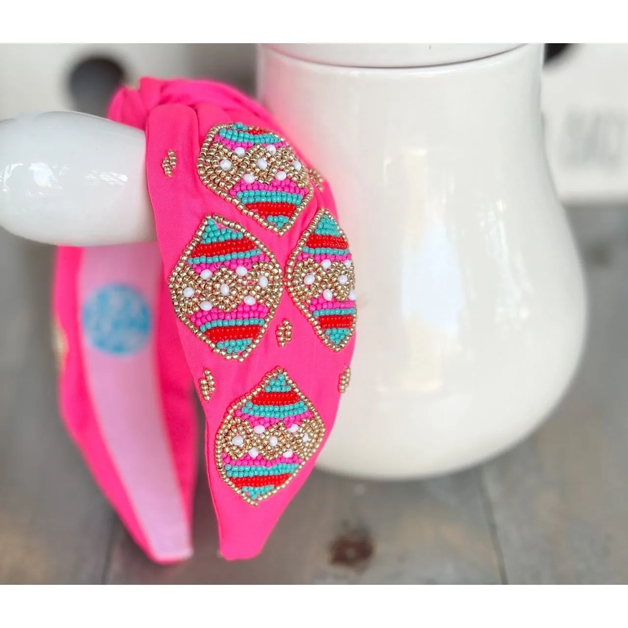 Pink Christmas Ornament Beaded Handmade Headband