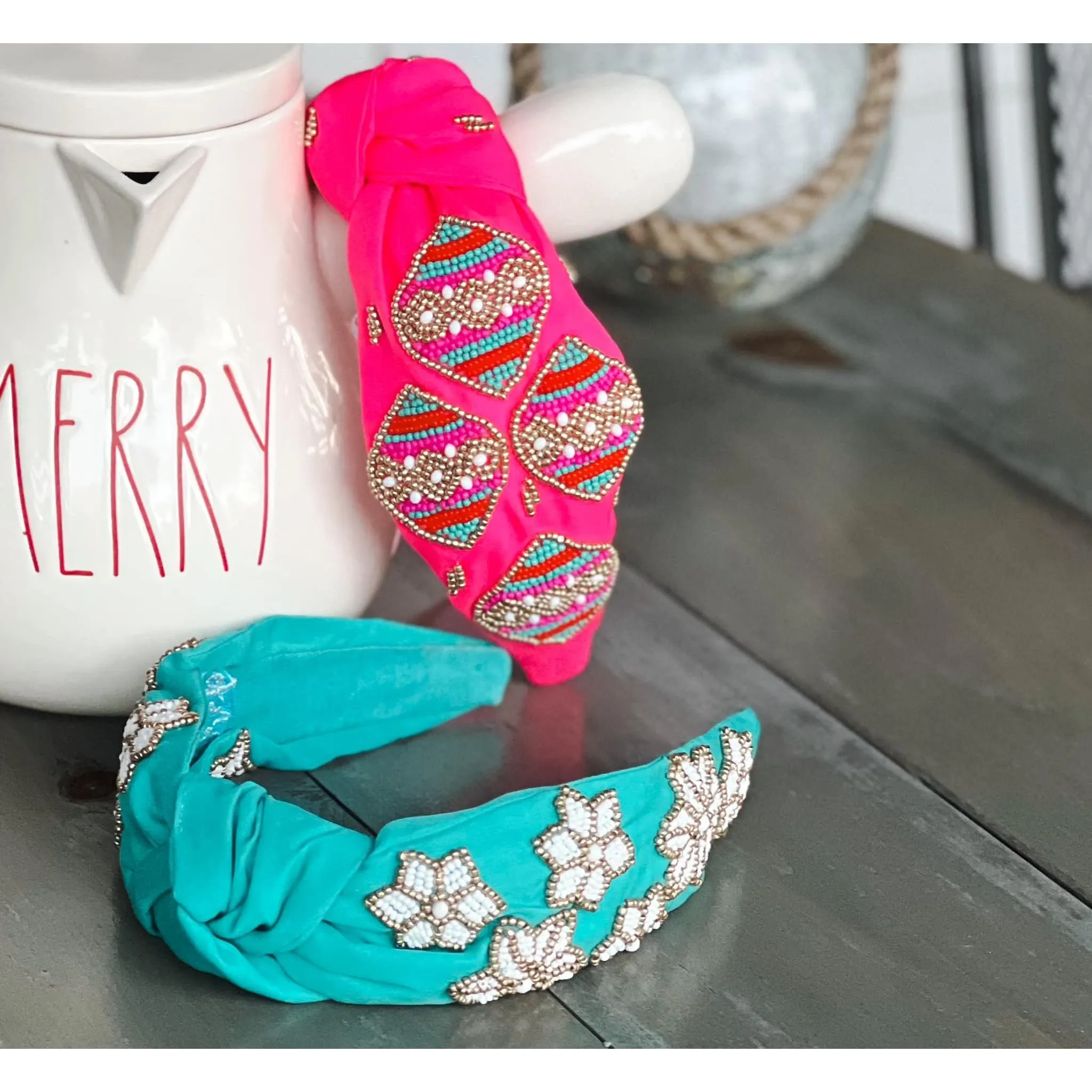 Pink Christmas Ornament Beaded Handmade Headband