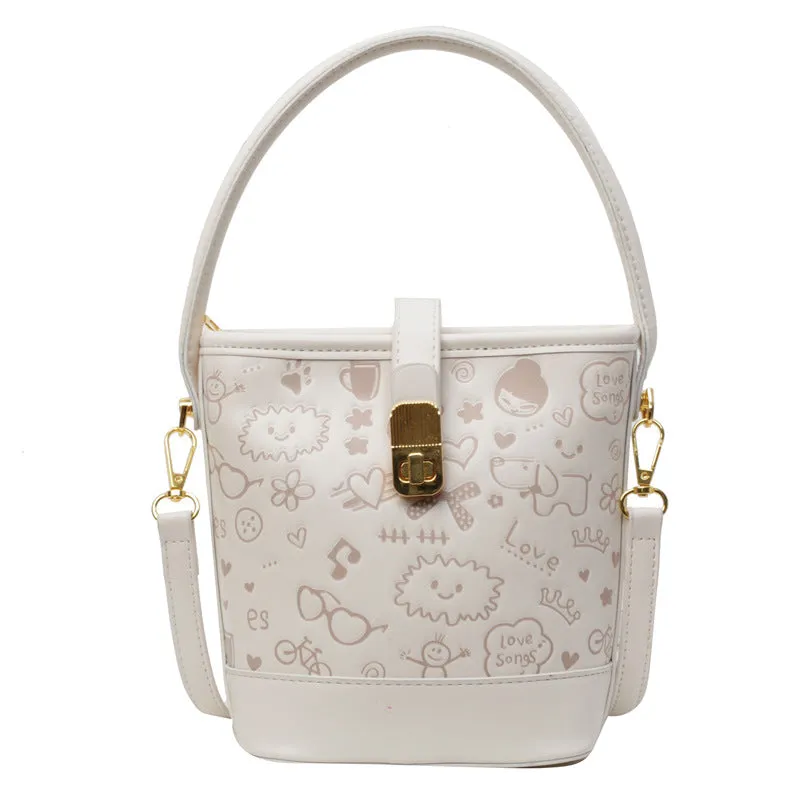 REALAIOT 2025 Cute texture single shoulder printed bag women's popular new trendy fashion solid color versatile single shoulder versatile bucket bag