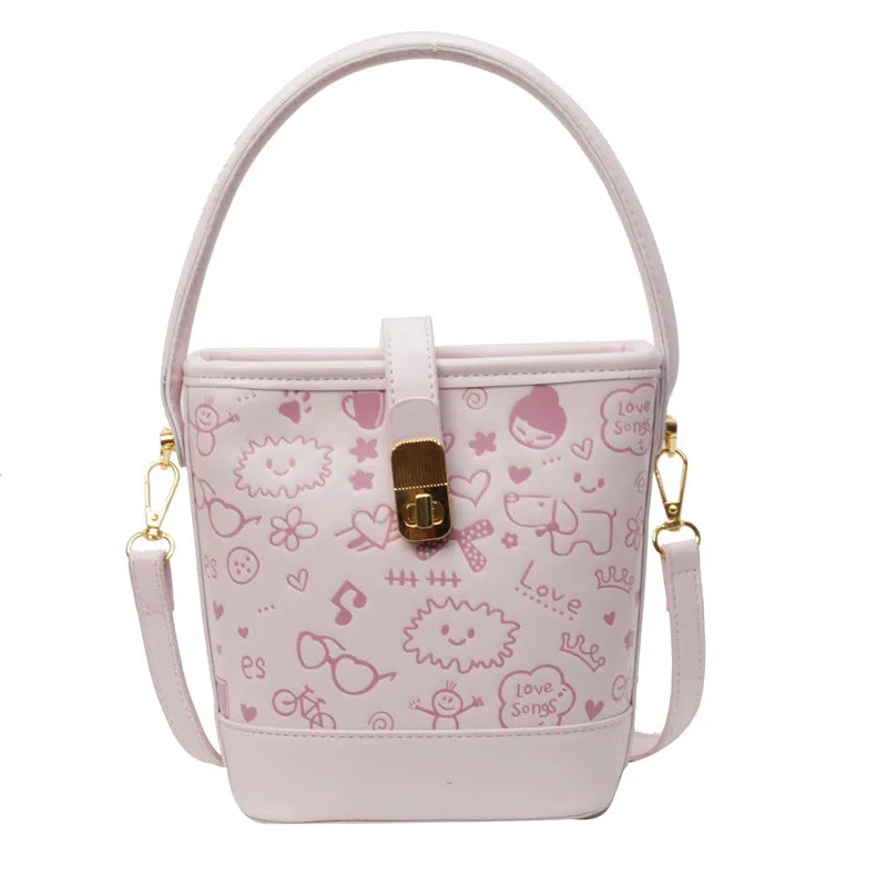 REALAIOT 2025 Cute texture single shoulder printed bag women's popular new trendy fashion solid color versatile single shoulder versatile bucket bag