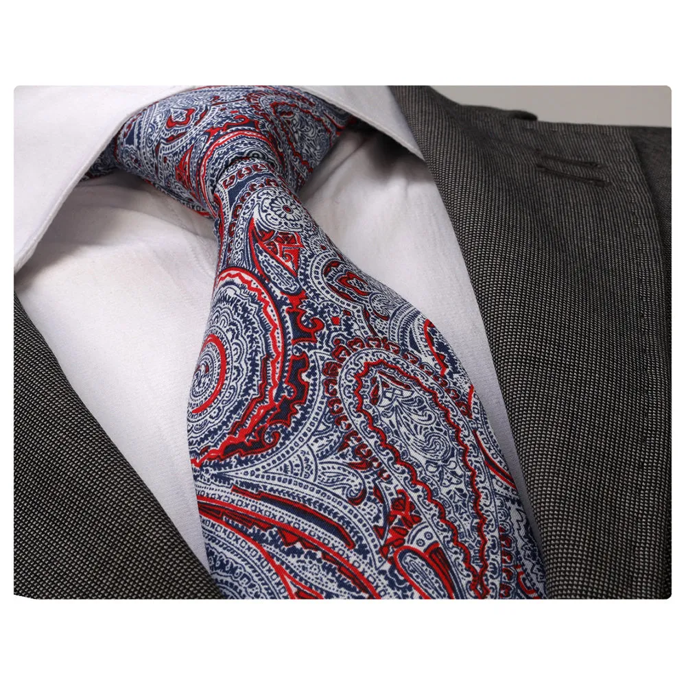 Red and White Desgin Mens Designer Silk Necktie with Gift Box - Premium Quality made in Europe