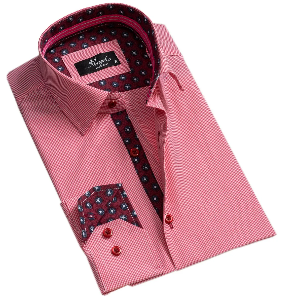Red White Checkers Mens Slim Fit Designer Dress Shirt - tailored Cotton Shirts for Work and Casual