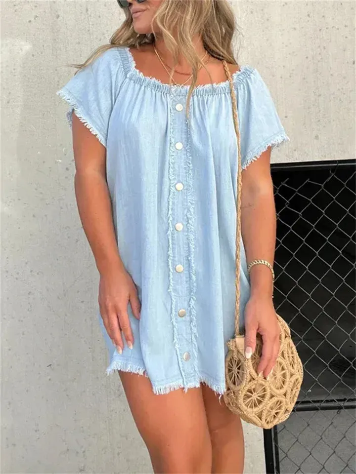 Retro Off Shoulder Raw Edge Denim Dress for Women