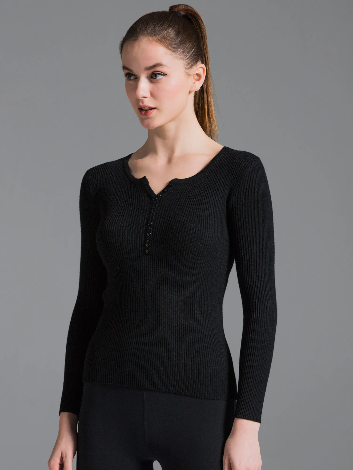 RIBBED HENLEY TEE, BLACK