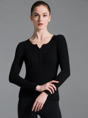 RIBBED HENLEY TEE, BLACK