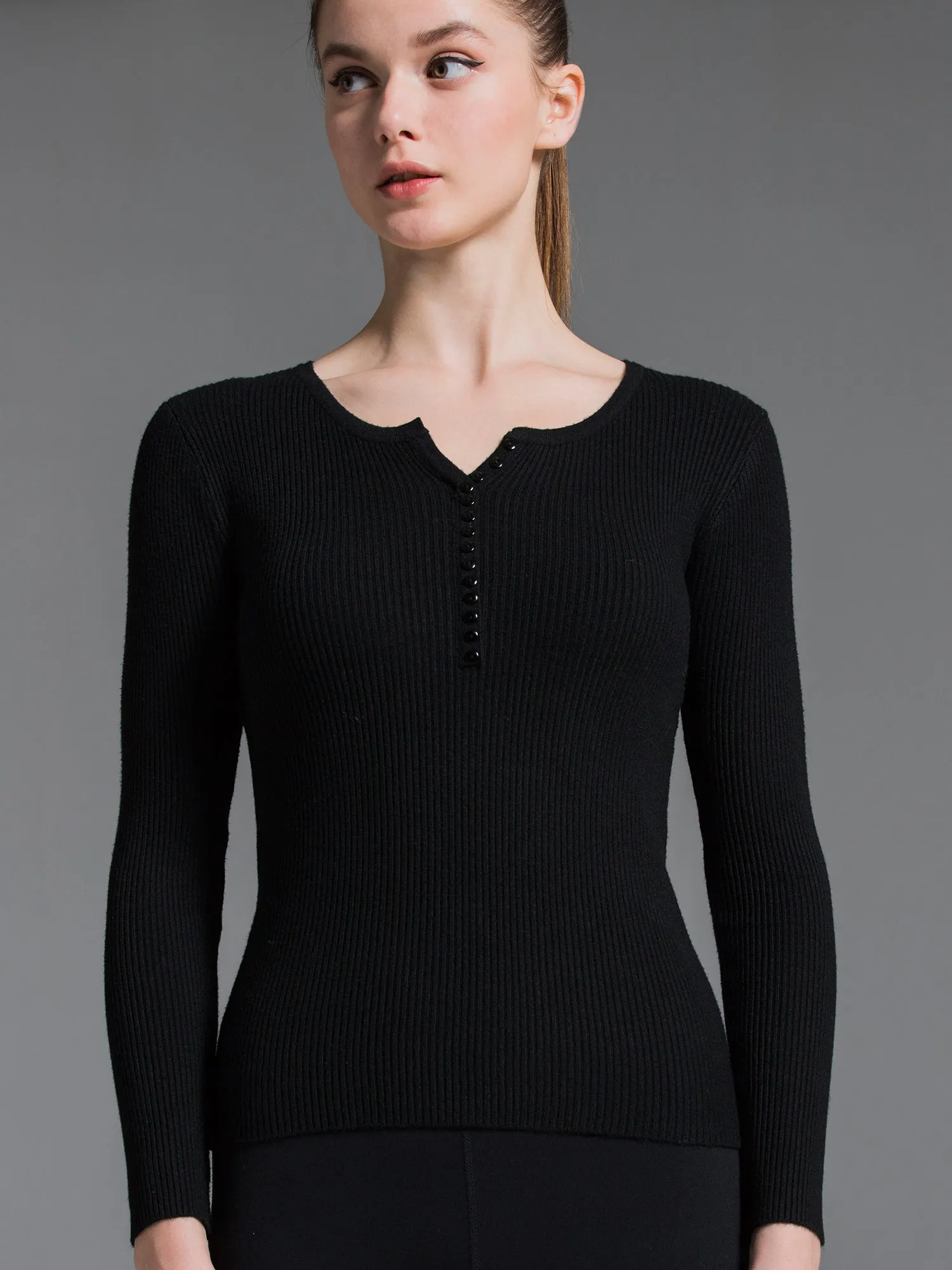 RIBBED HENLEY TEE, BLACK