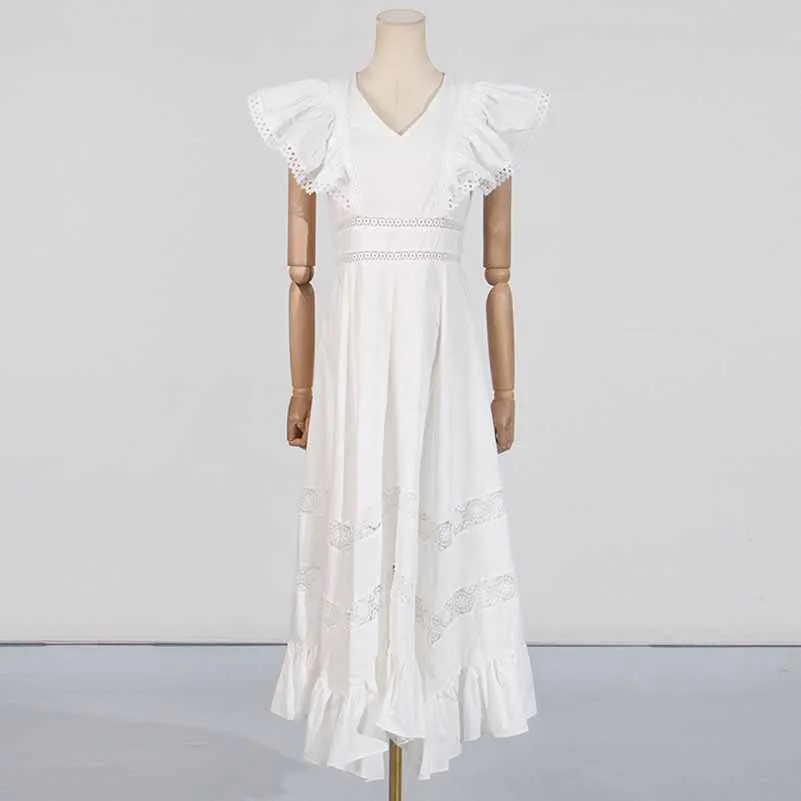 Ruffled Sleeveless V Neck Midi Dress