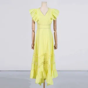Ruffled Sleeveless V Neck Midi Dress