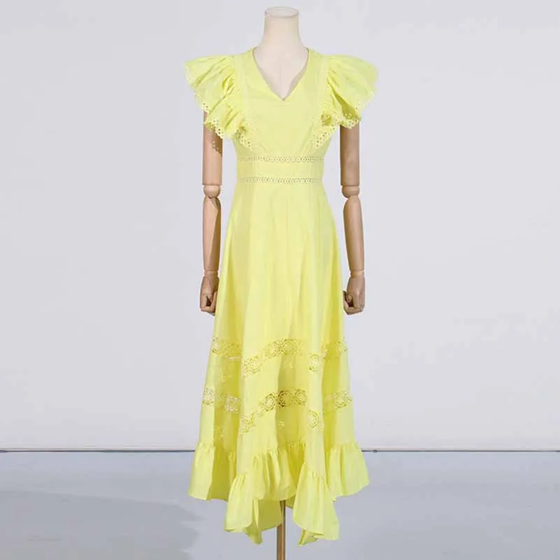 Ruffled Sleeveless V Neck Midi Dress