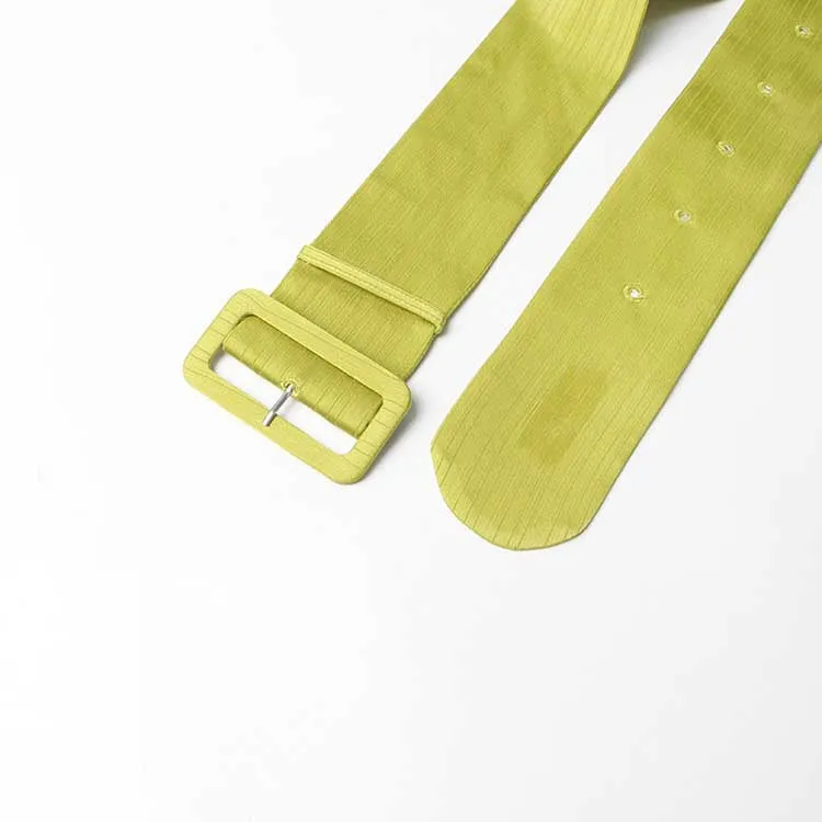 Satin Long Puffy Sleeve Lemon Green Dress with Belt Trendy Event Dress