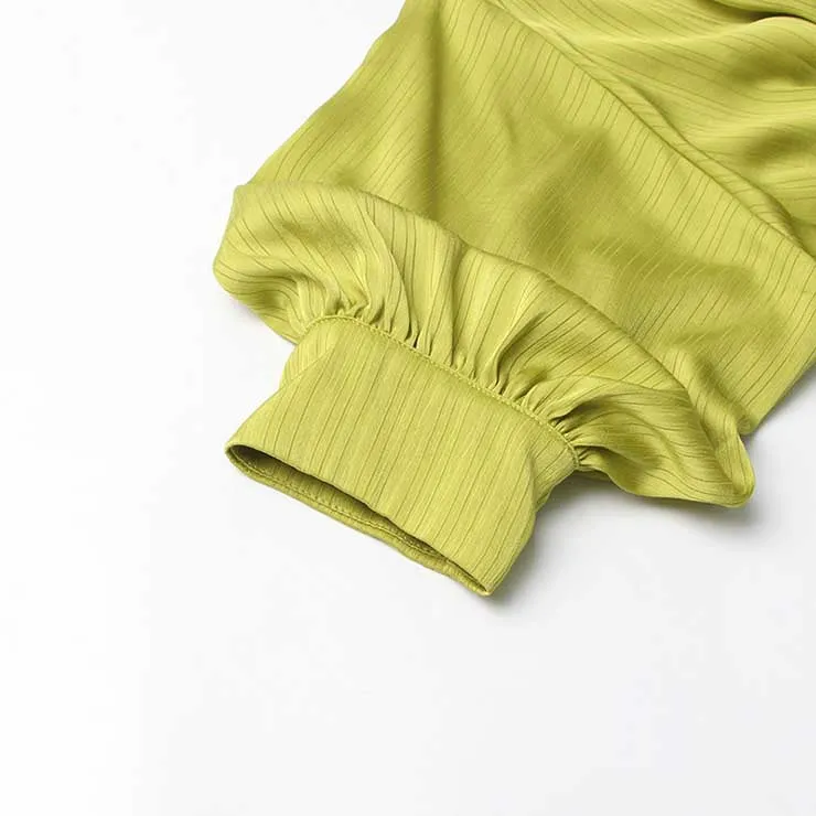 Satin Long Puffy Sleeve Lemon Green Dress with Belt Trendy Event Dress