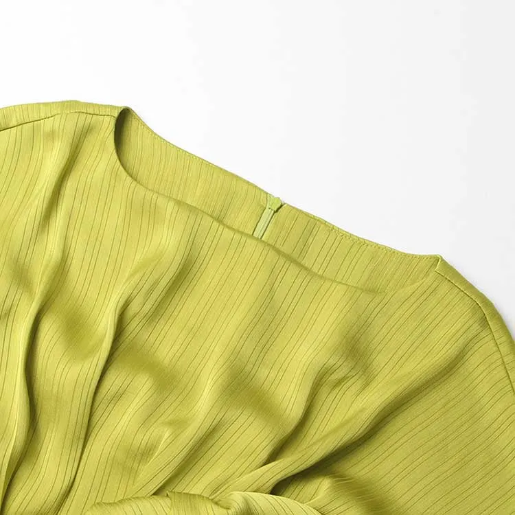 Satin Long Puffy Sleeve Lemon Green Dress with Belt Trendy Event Dress