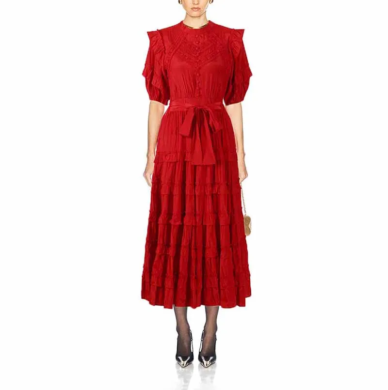 Short Sleeve Stringy Selvedge Round Neck Midi Dress
