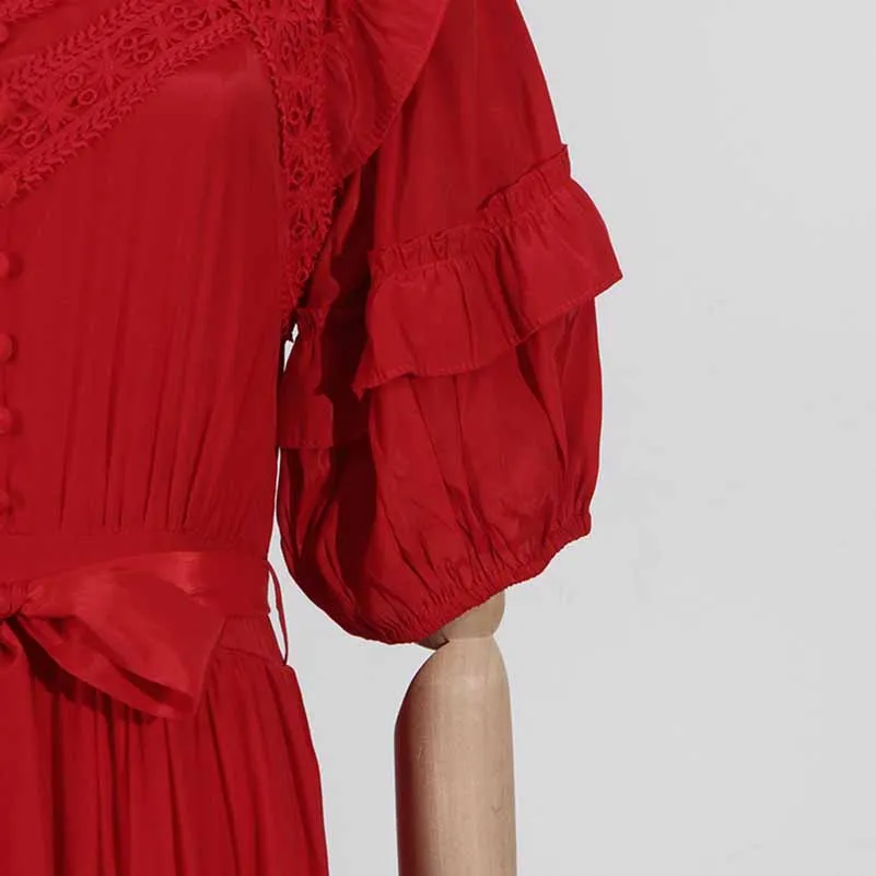 Short Sleeve Stringy Selvedge Round Neck Midi Dress