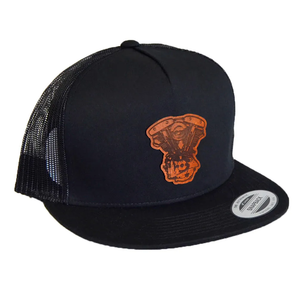 Shovelhead (Alternator) Leather Patch -  5 Panel Snap Back Hat