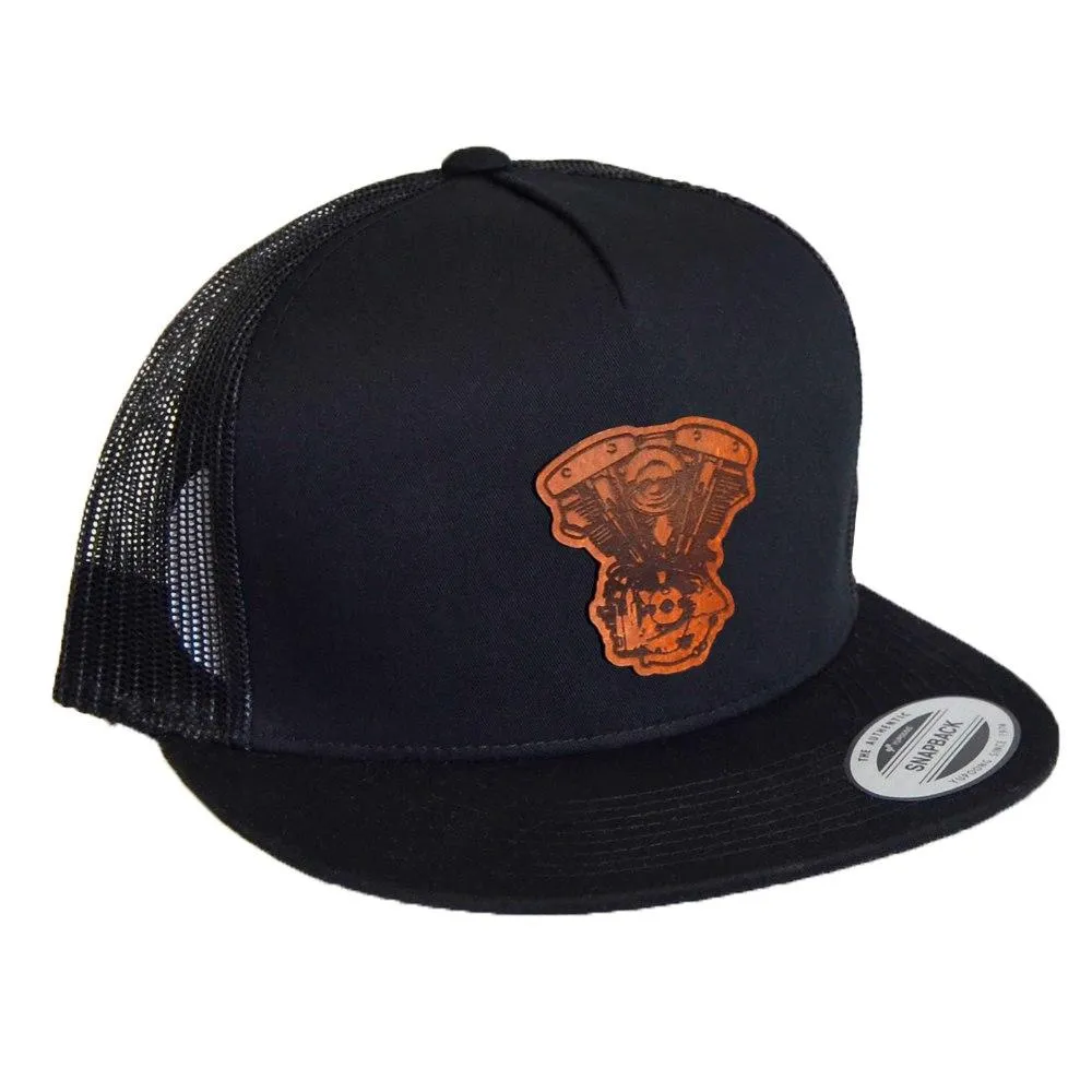 Shovelhead (Alternator) Leather Patch -  5 Panel Snap Back Hat