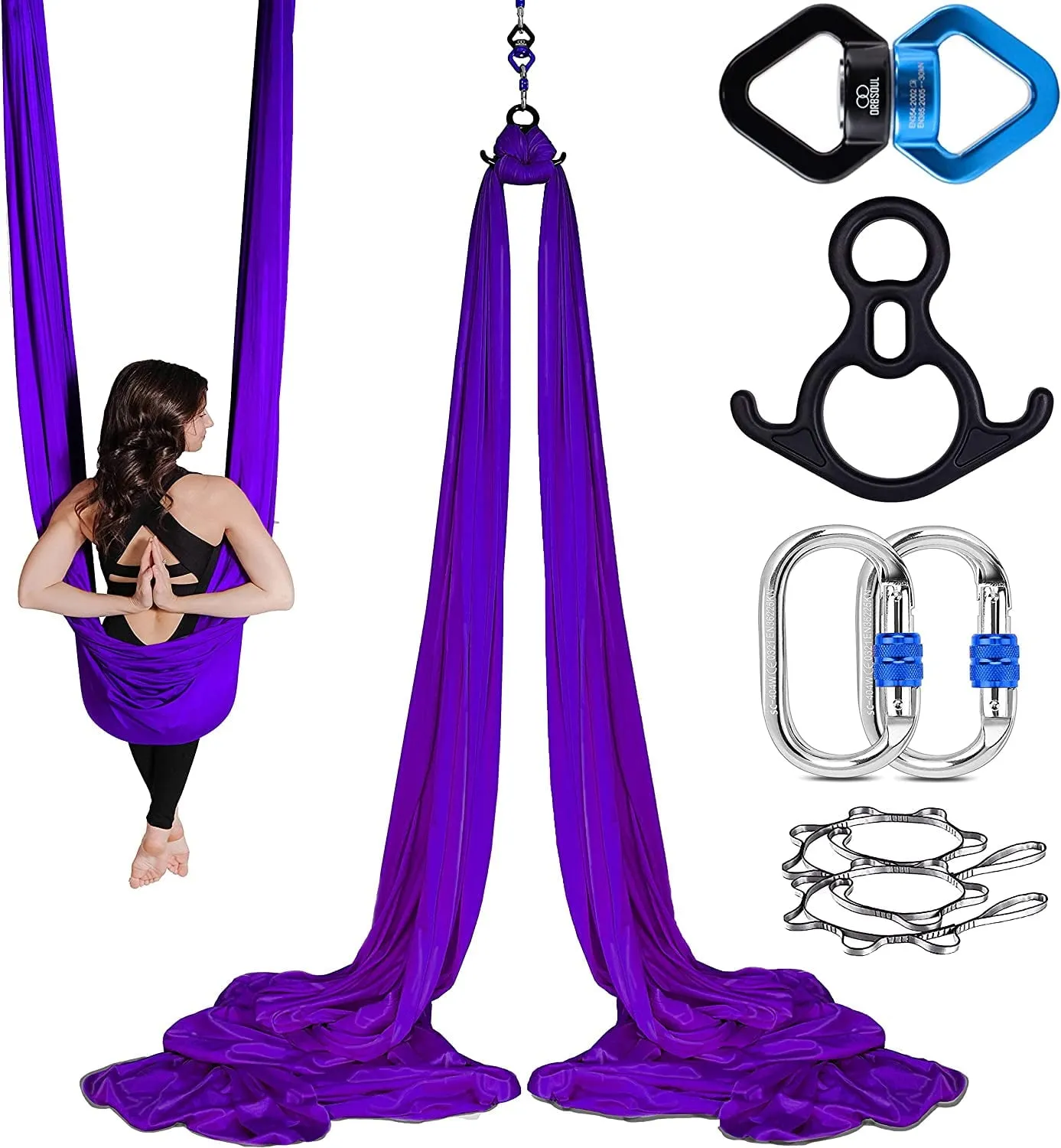 Silks Set   Yoga Hammock (Complete Rigging Hardware) - Premium Aerial Nylon Silks 40 Denier Tricot