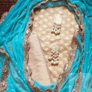 Sky Blue Desiger Dupatta With Chanderi Silk Top