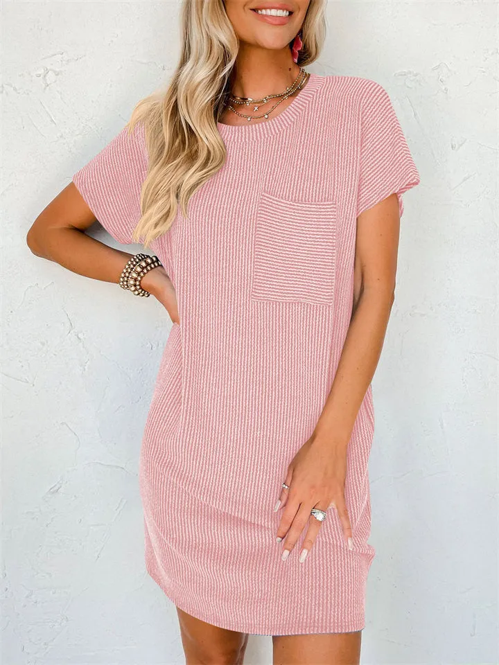 Summer Casual Round Neck Chest Pocket Mini Striped Dress for Lady
