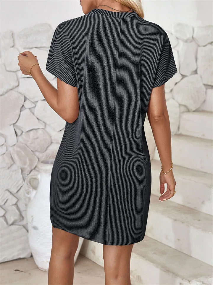 Summer Casual Round Neck Chest Pocket Mini Striped Dress for Lady