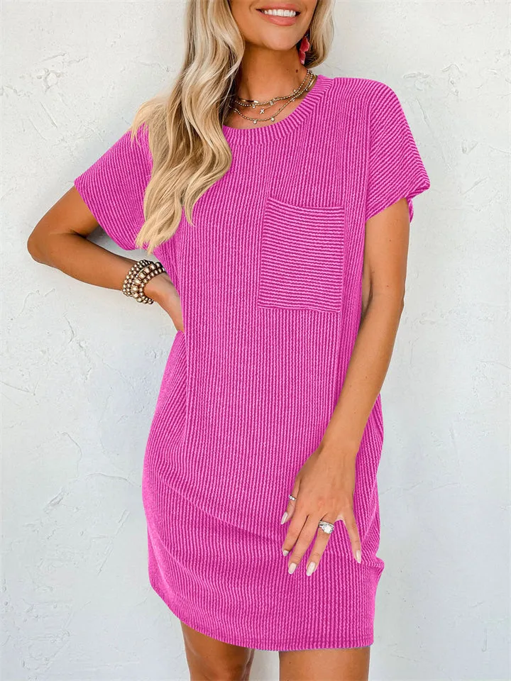 Summer Casual Round Neck Chest Pocket Mini Striped Dress for Lady
