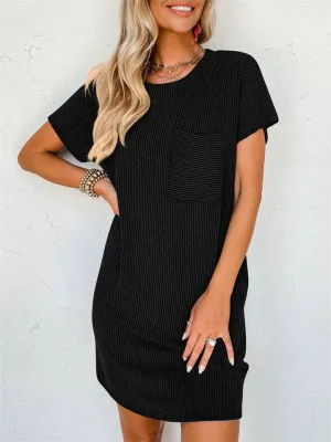 Summer Casual Round Neck Chest Pocket Mini Striped Dress for Lady