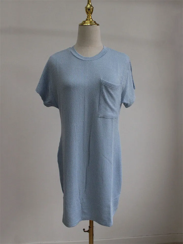 Summer Casual Round Neck Chest Pocket Mini Striped Dress for Lady