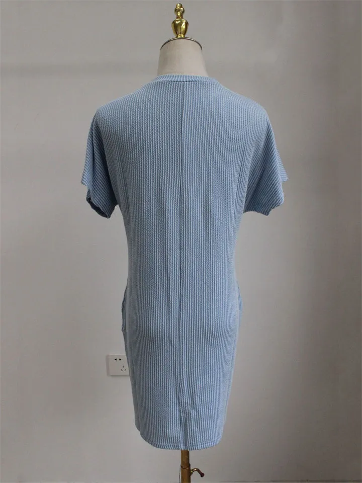 Summer Casual Round Neck Chest Pocket Mini Striped Dress for Lady