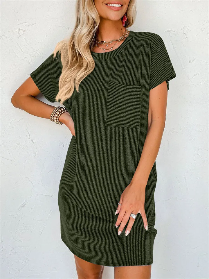 Summer Casual Round Neck Chest Pocket Mini Striped Dress for Lady