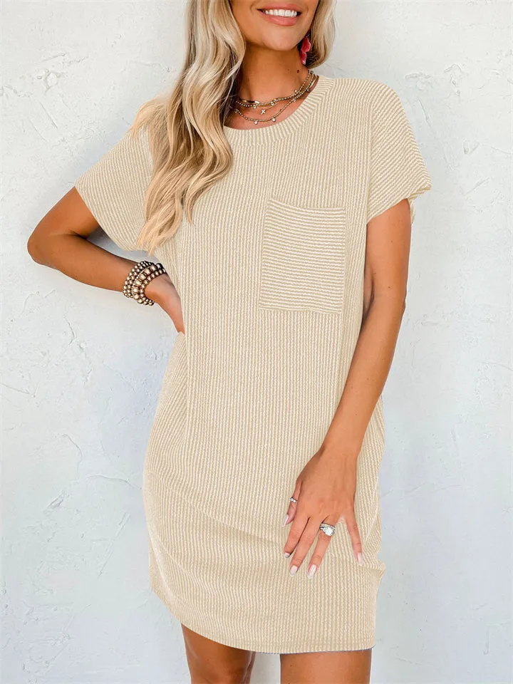 Summer Casual Round Neck Chest Pocket Mini Striped Dress for Lady