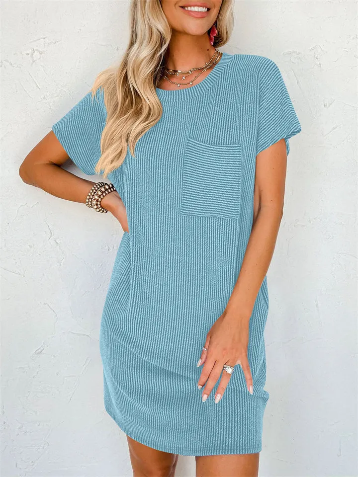 Summer Casual Round Neck Chest Pocket Mini Striped Dress for Lady