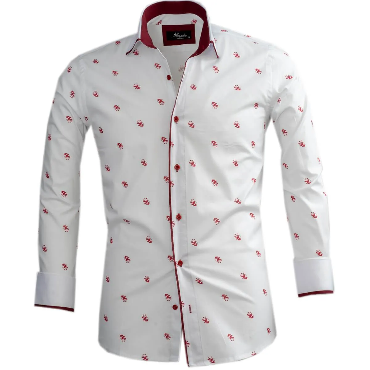 White Burgundy Panda's Mens Slim Fit Designer Dress Shirt - tailored Cotton Shirts for Work and