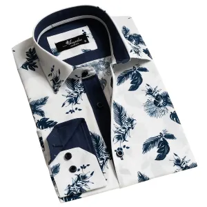 White Paisley Mens Slim Fit Designer Dress Shirt - Tailored Cotton Shirts For Work And Casual