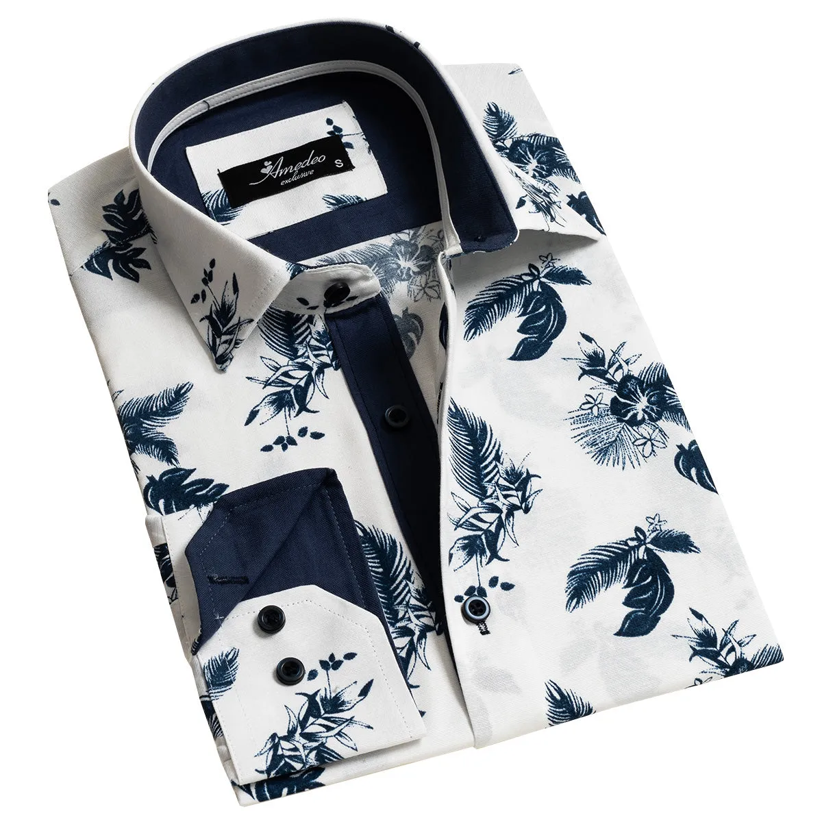 White Paisley Mens Slim Fit Designer Dress Shirt - Tailored Cotton Shirts For Work And Casual