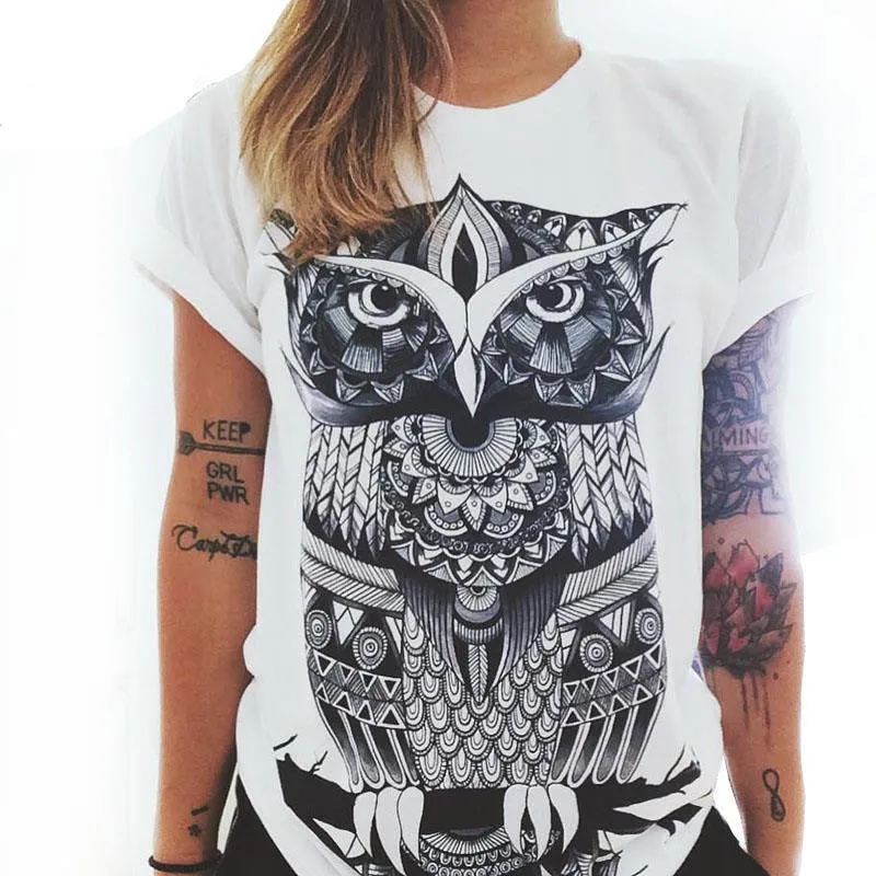 Women Short Sleeve Printed Retro Owl And Palm Eye T Shirts Plus Size 2XL Tee Shirt