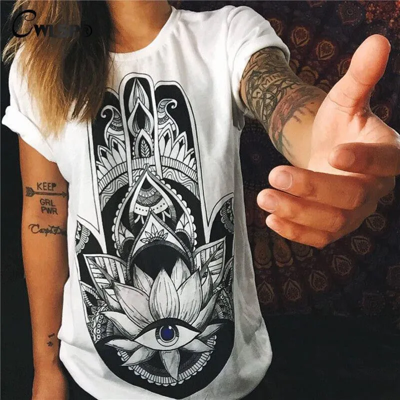 Women Short Sleeve Printed Retro Owl And Palm Eye T Shirts Plus Size 2XL Tee Shirt