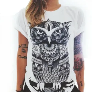 Women Short Sleeve Printed Retro Owl And Palm Eye T Shirts Plus Size 2XL Tee Shirt